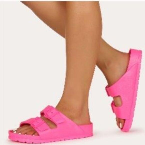 Neon Pink Comfy Double Buckle Sandals - Picture 2 of 9